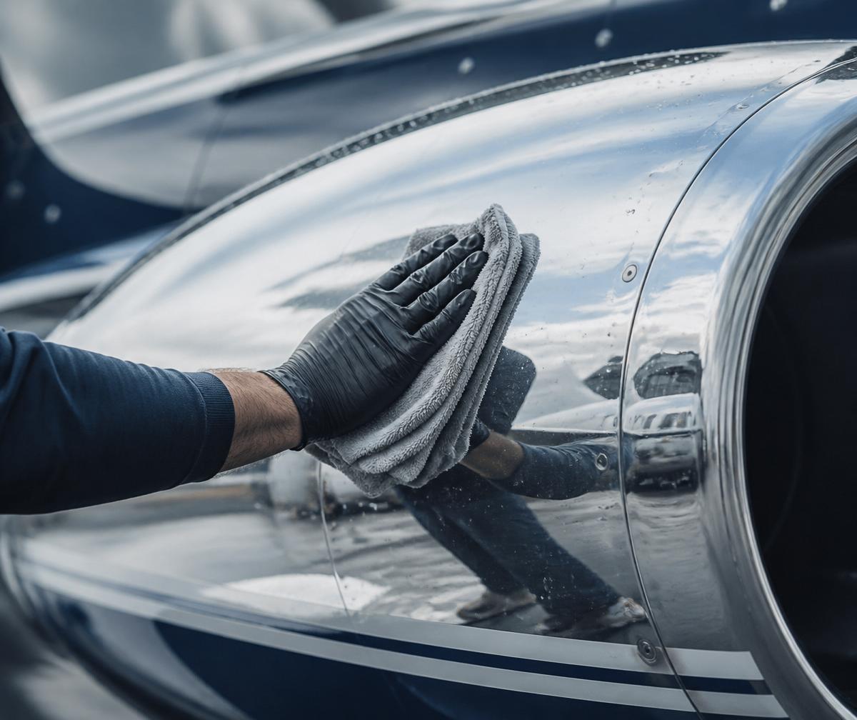 Detailer polishing an aircraft engine cowling